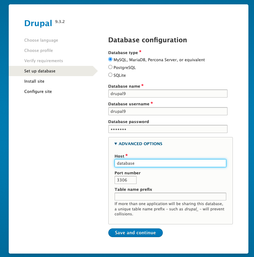 Drupal installation database configuration