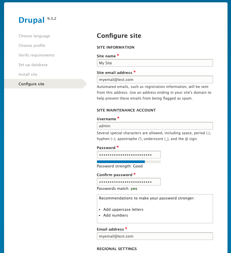 Drupal installation site configuration
